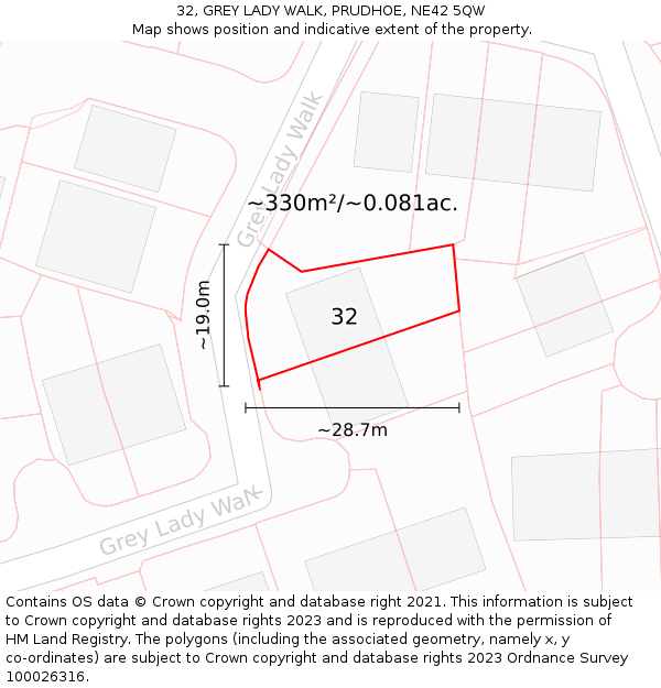 32, GREY LADY WALK, PRUDHOE, NE42 5QW: Plot and title map