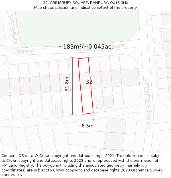 32, GRIMSBURY SQUARE, BANBURY, OX16 3HX: Plot and title map