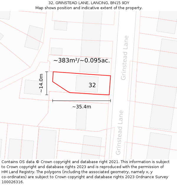 32, GRINSTEAD LANE, LANCING, BN15 9DY: Plot and title map