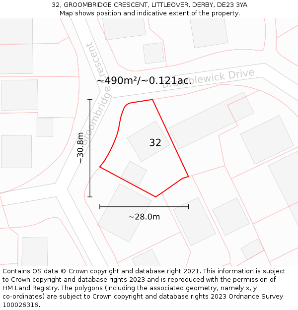 32, GROOMBRIDGE CRESCENT, LITTLEOVER, DERBY, DE23 3YA: Plot and title map