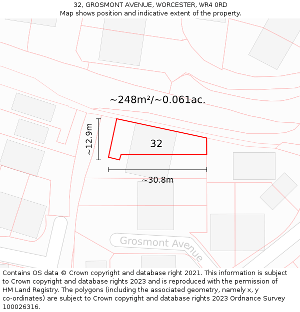 32, GROSMONT AVENUE, WORCESTER, WR4 0RD: Plot and title map