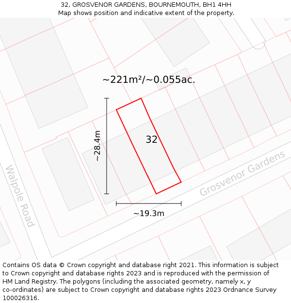 32, GROSVENOR GARDENS, BOURNEMOUTH, BH1 4HH: Plot and title map