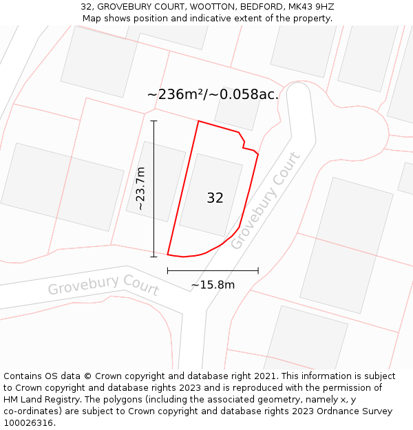 32, GROVEBURY COURT, WOOTTON, BEDFORD, MK43 9HZ: Plot and title map