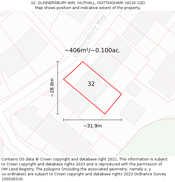 32, GUNNERSBURY WAY, NUTHALL, NOTTINGHAM, NG16 1QD: Plot and title map