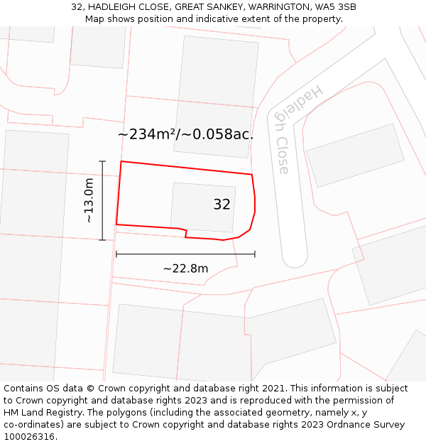 32, HADLEIGH CLOSE, GREAT SANKEY, WARRINGTON, WA5 3SB: Plot and title map