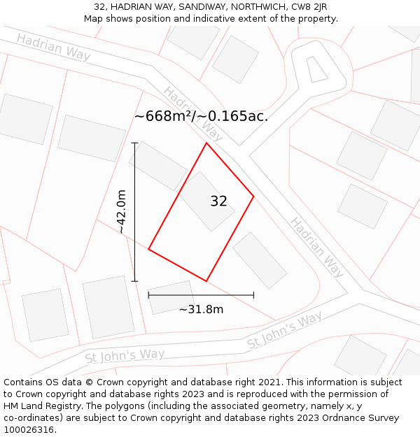 32, HADRIAN WAY, SANDIWAY, NORTHWICH, CW8 2JR: Plot and title map