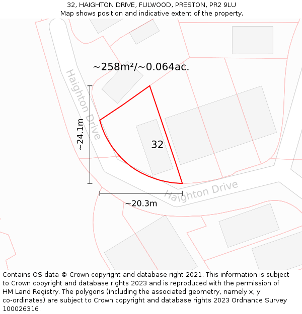 32, HAIGHTON DRIVE, FULWOOD, PRESTON, PR2 9LU: Plot and title map