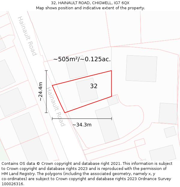 32, HAINAULT ROAD, CHIGWELL, IG7 6QX: Plot and title map