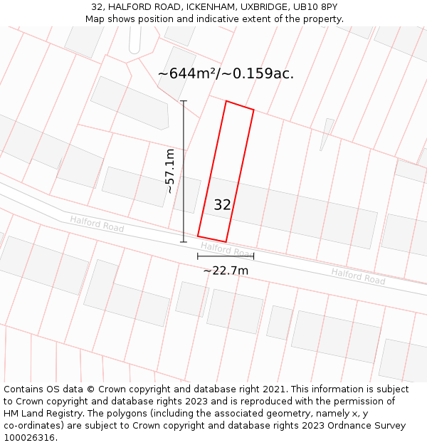 32, HALFORD ROAD, ICKENHAM, UXBRIDGE, UB10 8PY: Plot and title map