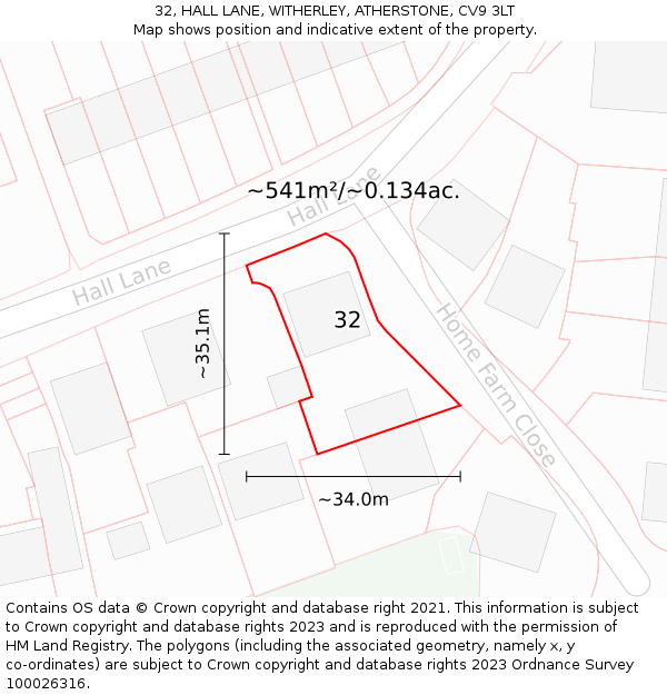 32, HALL LANE, WITHERLEY, ATHERSTONE, CV9 3LT: Plot and title map