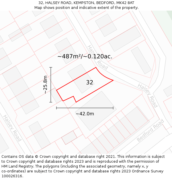 32, HALSEY ROAD, KEMPSTON, BEDFORD, MK42 8AT: Plot and title map