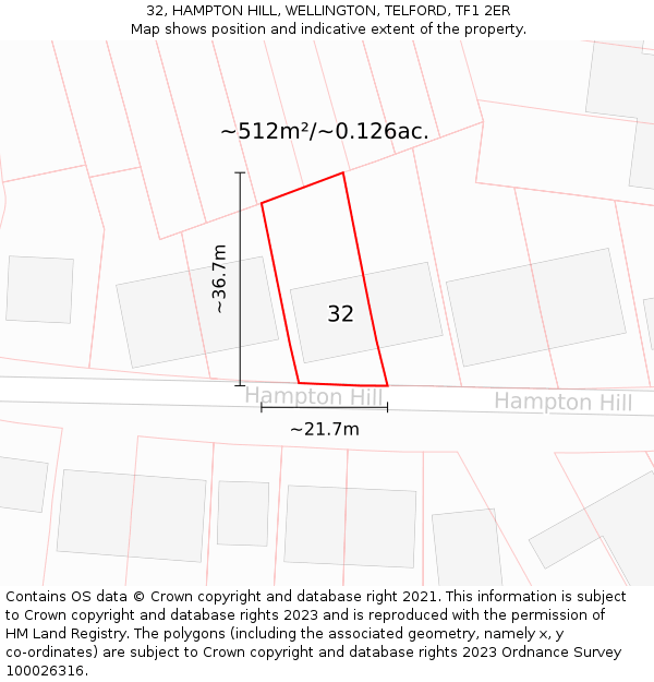 32, HAMPTON HILL, WELLINGTON, TELFORD, TF1 2ER: Plot and title map