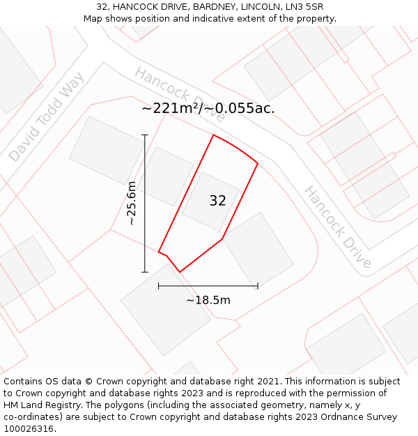32, HANCOCK DRIVE, BARDNEY, LINCOLN, LN3 5SR: Plot and title map