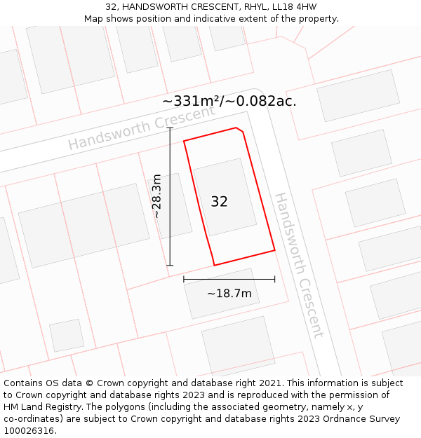 32, HANDSWORTH CRESCENT, RHYL, LL18 4HW: Plot and title map