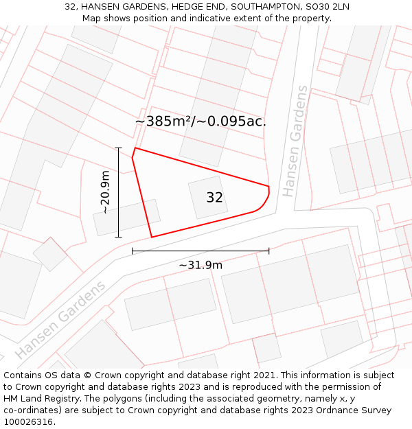 32, HANSEN GARDENS, HEDGE END, SOUTHAMPTON, SO30 2LN: Plot and title map