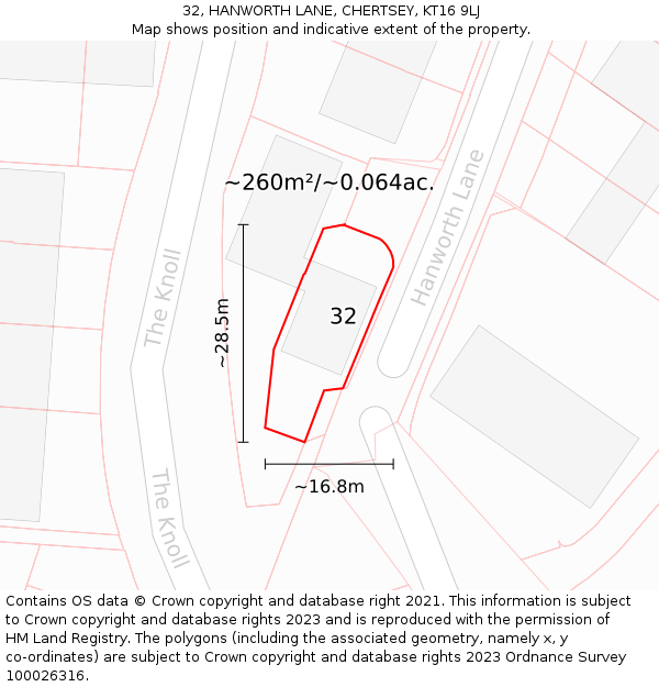 32, HANWORTH LANE, CHERTSEY, KT16 9LJ: Plot and title map