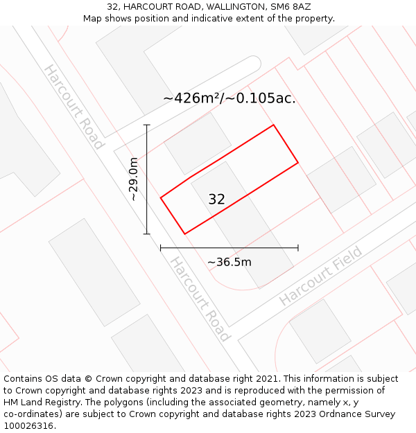32, HARCOURT ROAD, WALLINGTON, SM6 8AZ: Plot and title map