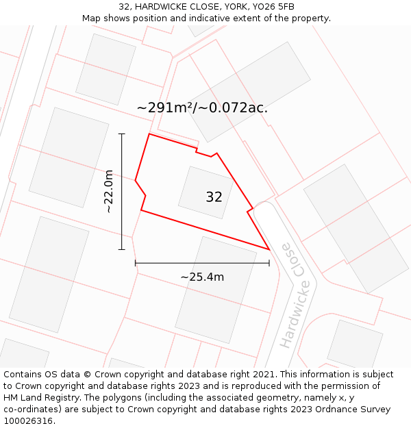32, HARDWICKE CLOSE, YORK, YO26 5FB: Plot and title map