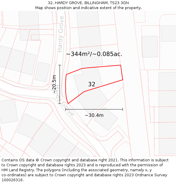 32, HARDY GROVE, BILLINGHAM, TS23 3GN: Plot and title map
