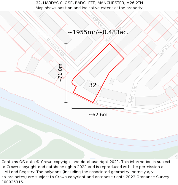 32, HARDYS CLOSE, RADCLIFFE, MANCHESTER, M26 2TN: Plot and title map