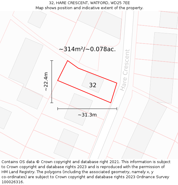 32, HARE CRESCENT, WATFORD, WD25 7EE: Plot and title map