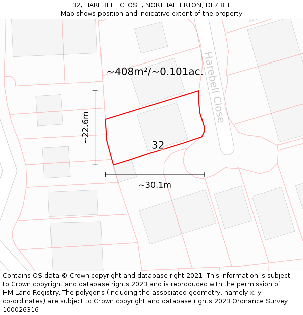 32, HAREBELL CLOSE, NORTHALLERTON, DL7 8FE: Plot and title map