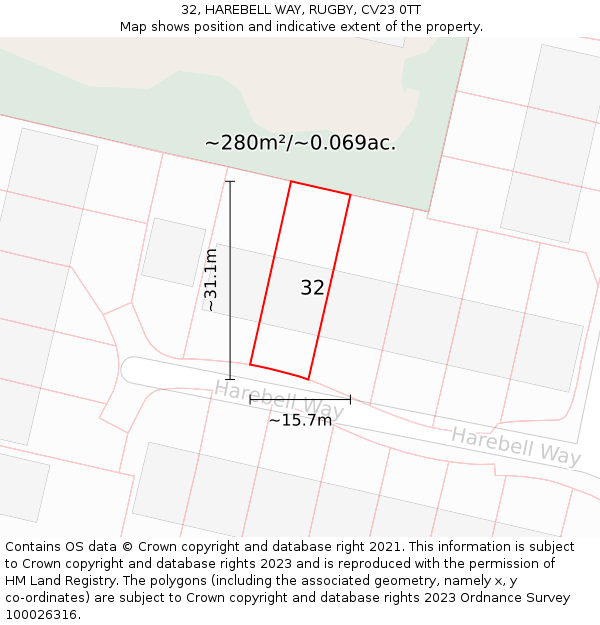 32, HAREBELL WAY, RUGBY, CV23 0TT: Plot and title map