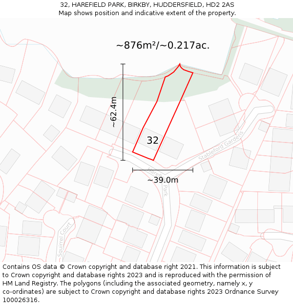 32, HAREFIELD PARK, BIRKBY, HUDDERSFIELD, HD2 2AS: Plot and title map