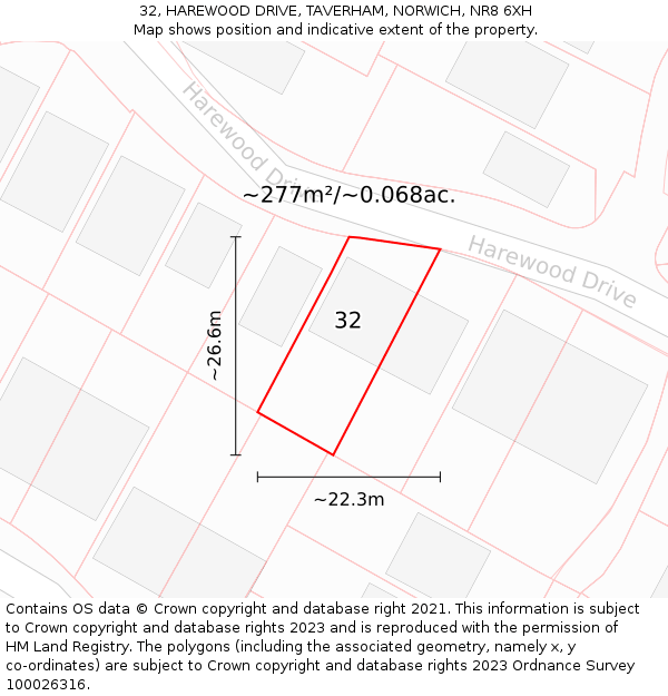 32, HAREWOOD DRIVE, TAVERHAM, NORWICH, NR8 6XH: Plot and title map