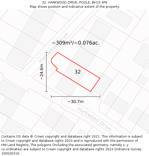 32, HARKWOOD DRIVE, POOLE, BH15 4PE: Plot and title map