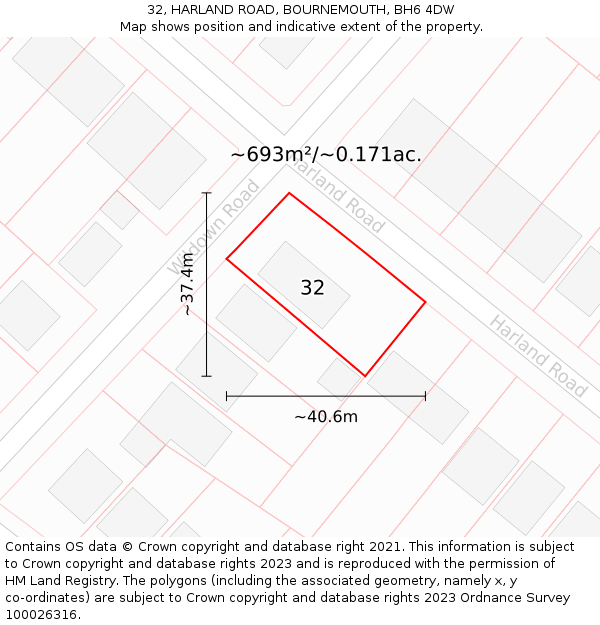 32, HARLAND ROAD, BOURNEMOUTH, BH6 4DW: Plot and title map