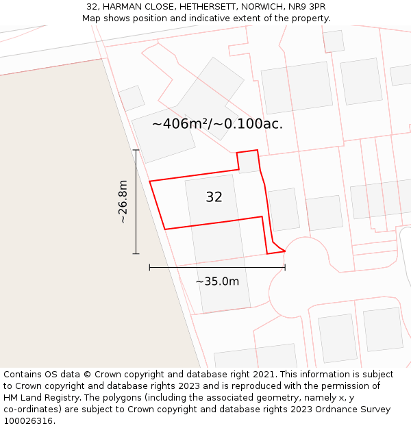 32, HARMAN CLOSE, HETHERSETT, NORWICH, NR9 3PR: Plot and title map