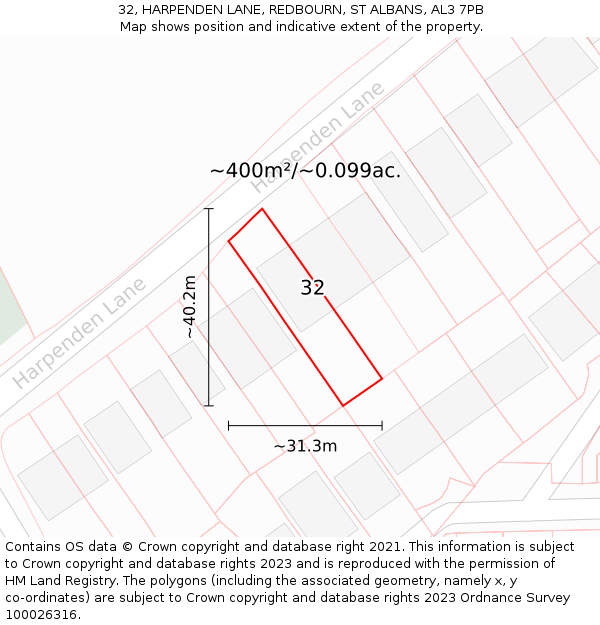32, HARPENDEN LANE, REDBOURN, ST ALBANS, AL3 7PB: Plot and title map