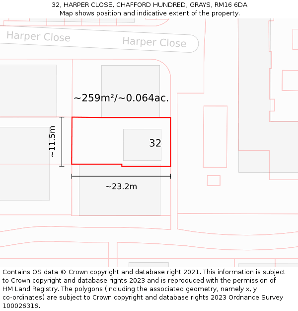 32, HARPER CLOSE, CHAFFORD HUNDRED, GRAYS, RM16 6DA: Plot and title map
