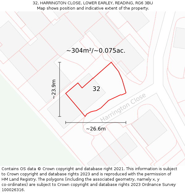 32, HARRINGTON CLOSE, LOWER EARLEY, READING, RG6 3BU: Plot and title map