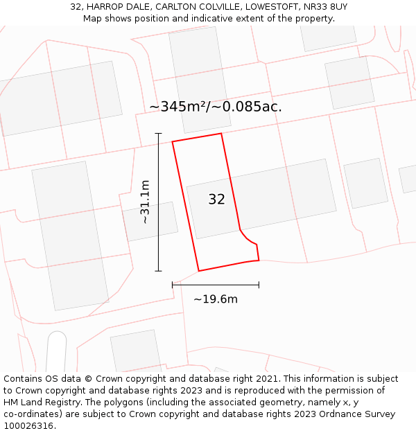 32, HARROP DALE, CARLTON COLVILLE, LOWESTOFT, NR33 8UY: Plot and title map