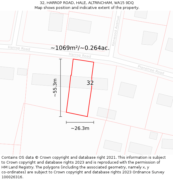 32, HARROP ROAD, HALE, ALTRINCHAM, WA15 9DQ: Plot and title map