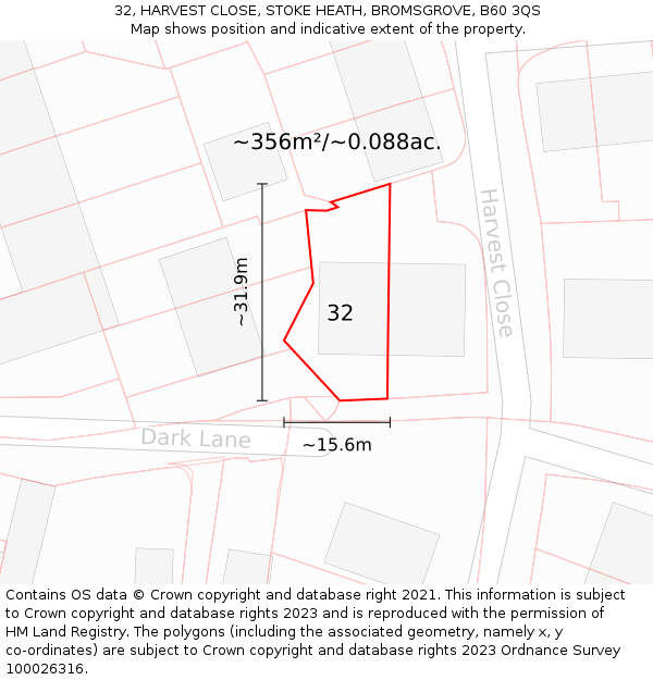 32, HARVEST CLOSE, STOKE HEATH, BROMSGROVE, B60 3QS: Plot and title map