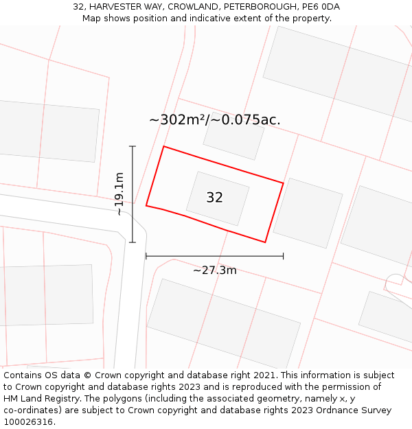 32, HARVESTER WAY, CROWLAND, PETERBOROUGH, PE6 0DA: Plot and title map