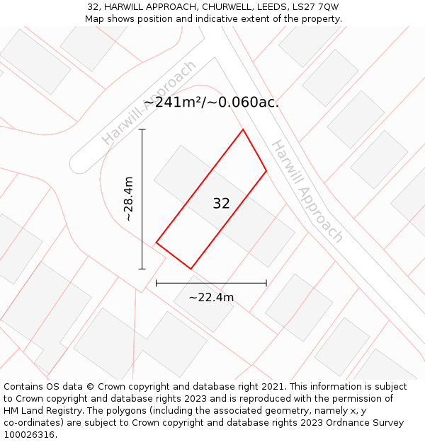 32, HARWILL APPROACH, CHURWELL, LEEDS, LS27 7QW: Plot and title map