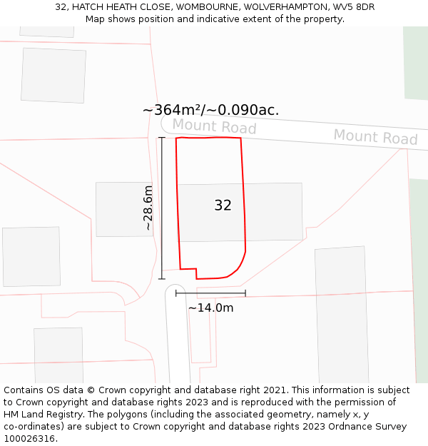 32, HATCH HEATH CLOSE, WOMBOURNE, WOLVERHAMPTON, WV5 8DR: Plot and title map