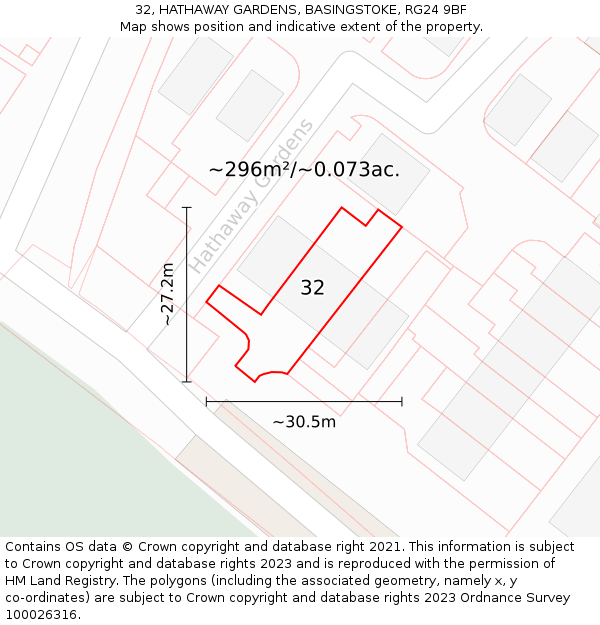 32, HATHAWAY GARDENS, BASINGSTOKE, RG24 9BF: Plot and title map