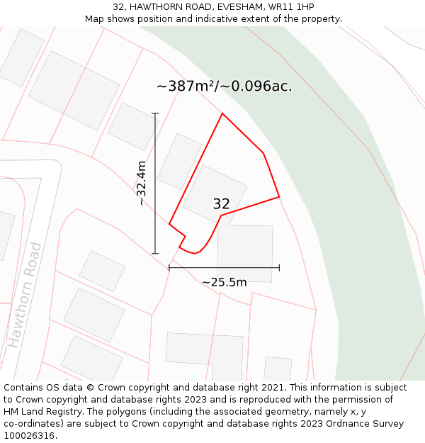 32, HAWTHORN ROAD, EVESHAM, WR11 1HP: Plot and title map