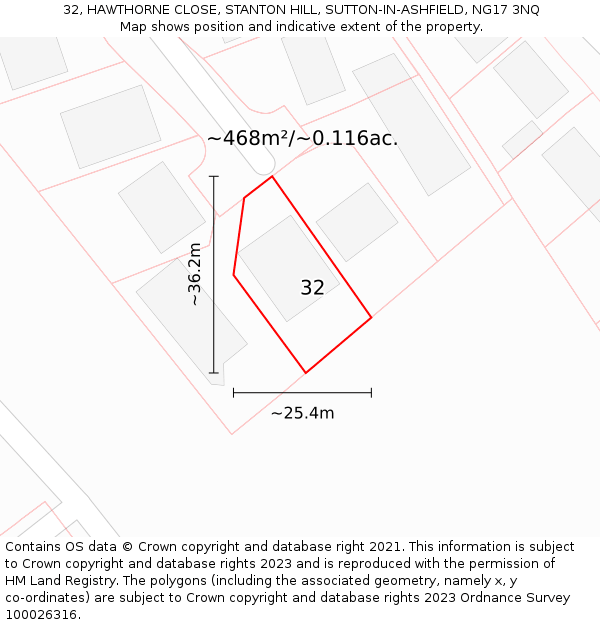 32, HAWTHORNE CLOSE, STANTON HILL, SUTTON-IN-ASHFIELD, NG17 3NQ: Plot and title map