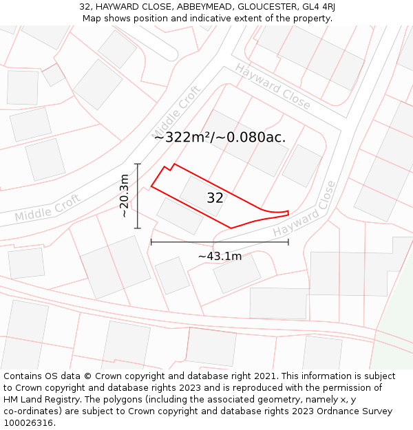 32, HAYWARD CLOSE, ABBEYMEAD, GLOUCESTER, GL4 4RJ: Plot and title map