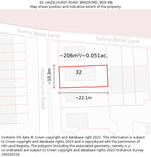 32, HAZELHURST ROAD, BRADFORD, BD9 6BJ: Plot and title map