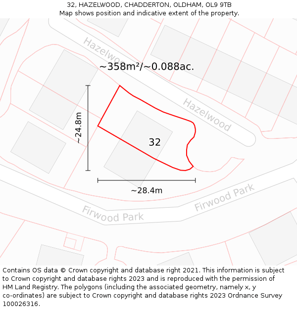 32, HAZELWOOD, CHADDERTON, OLDHAM, OL9 9TB: Plot and title map