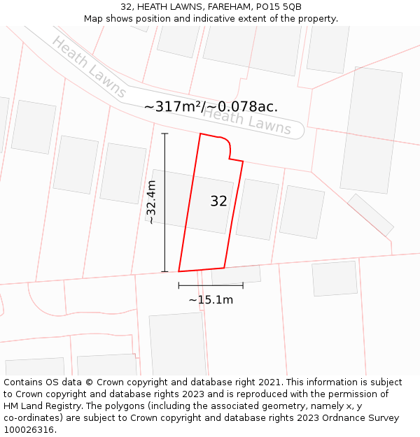 32, HEATH LAWNS, FAREHAM, PO15 5QB: Plot and title map