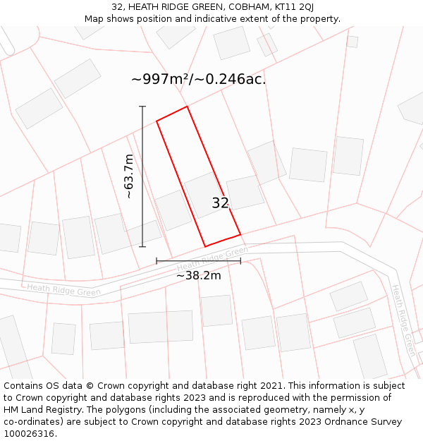 32, HEATH RIDGE GREEN, COBHAM, KT11 2QJ: Plot and title map