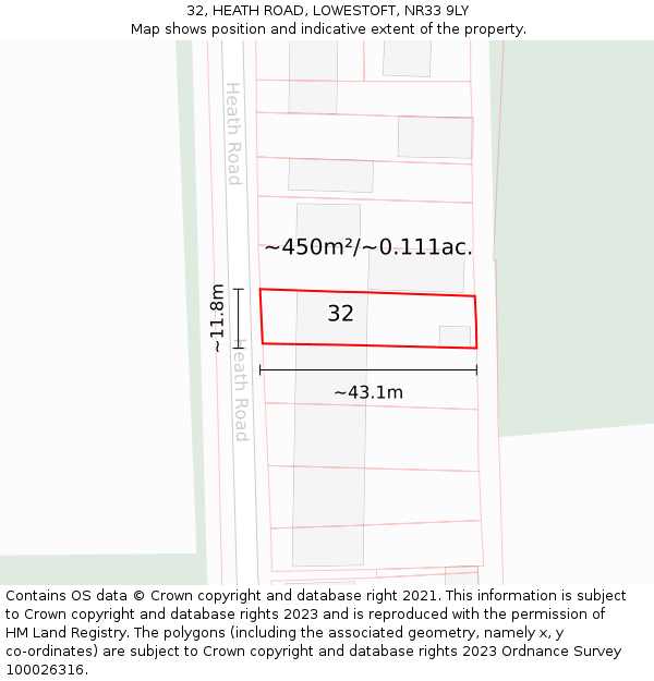 32, HEATH ROAD, LOWESTOFT, NR33 9LY: Plot and title map